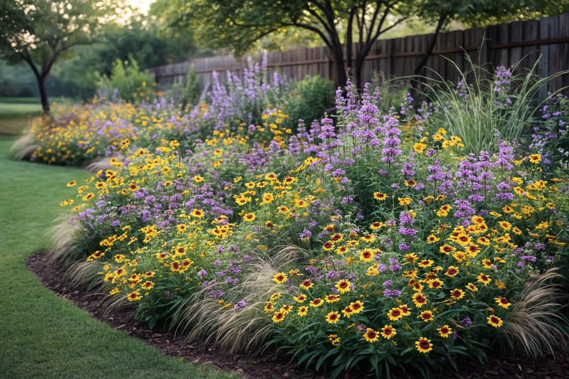 Texas Meadow Glow Border With Coreopsis, Lemon Beebalm, and Native Grasses