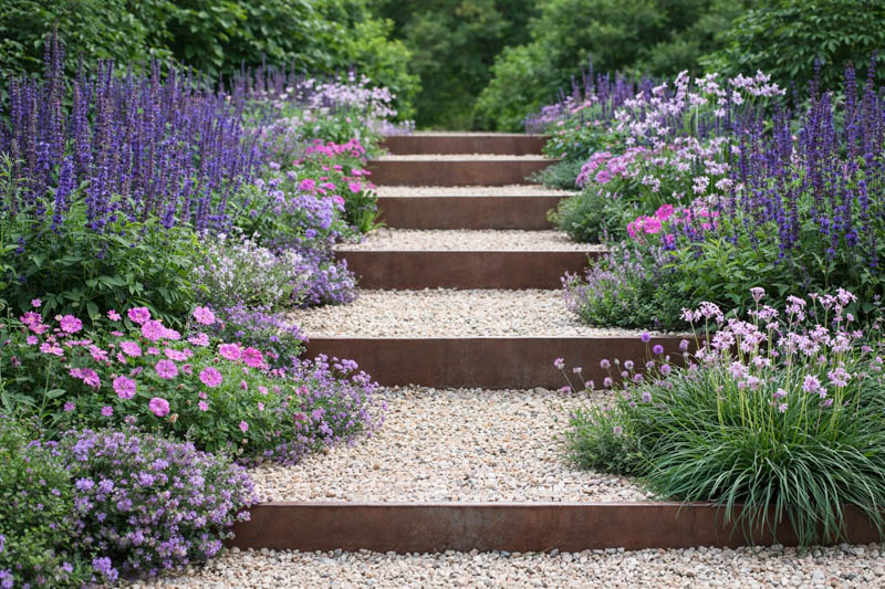 Salvia sylvestris Mainacht, Geranium sanguineum, Thymus, Armeria maritima, Tulbaghia violacea