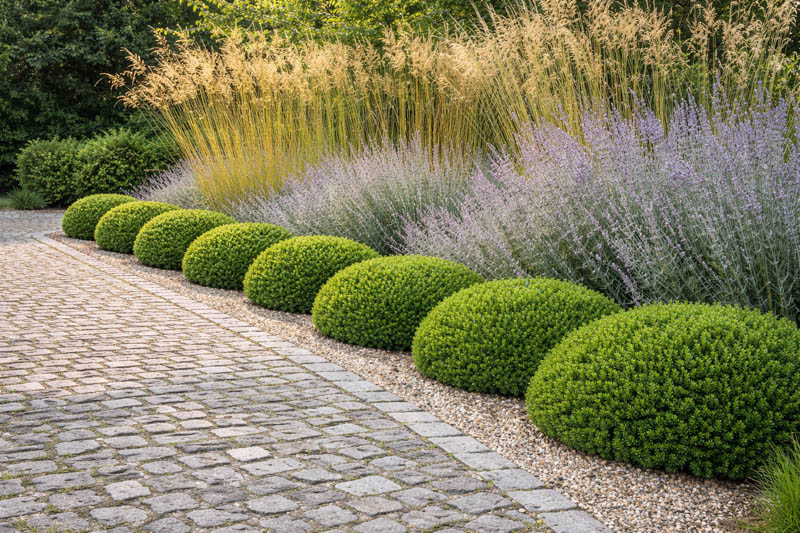 clipped Hebe, Perovskia and Stipa gigantea