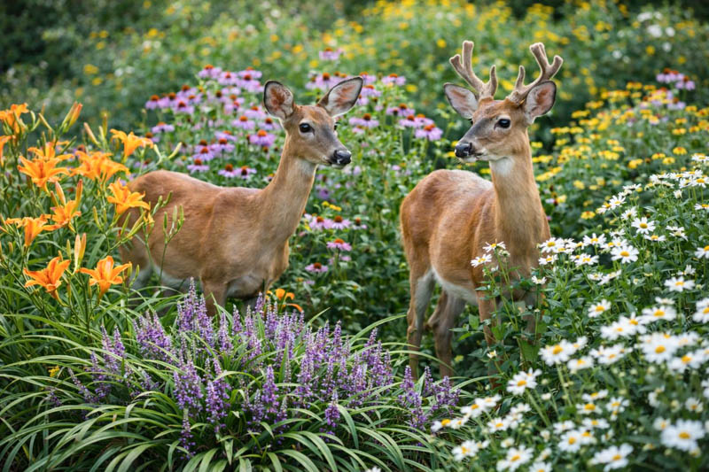 Deer in a flower garden