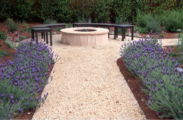 Garden Ideas, Landscaping ideas, pathway, walkway, Mediterranean Path, Verdance Fine Garden Design, Lavender,gravel path,fire pit, fire pit area, dining patio