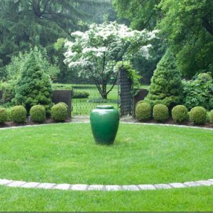 Garden ideas, landscaping ideas, Formal courtyard, formal backyard, formal garden, Urn, Kousa Dogwood, Boxwood hedge, Westover landscape Design