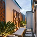 Garden Ideas, Landscaping ideas, pathway, walkway, side yard, COS Design, flagstones path, secret path, stepping stones, Aluminum screen, Rusted Corten steel, Aludean Edna