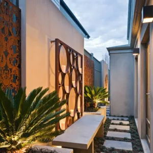 Garden Ideas, Landscaping ideas, pathway, walkway, side yard, COS Design, flagstones path, secret path, stepping stones, Aluminum screen, Rusted Corten steel, Aludean Edna