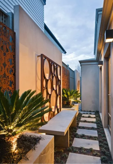 Garden Ideas, Landscaping ideas, pathway, walkway, side yard, COS Design, flagstones path, secret path, stepping stones, Aluminum screen, Rusted Corten steel, Aludean Edna