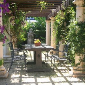 Garden ideas, Landscaping Ideas, arbor, pergola, Tuscan pergola, mediterranean patio, columns, pillars,al fresco dining, climbing vines, garden structure, fountain, water feature, Bradanini & Associates