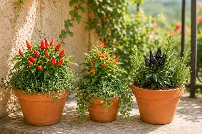 Biquinho Pepper, thyme, Cajun Belle Pepper, trailing oregano, Black Hungarian Pepper, dwarf rosemary