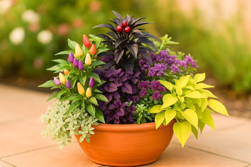 Black Pearl Pepper, Black Hungarian Pepper, Bolivian Rainbow Pepper, purple basil, Silver licorice , Helichrysum petiolare, chartreuse sweet potato vine,Ipomoea batatas,