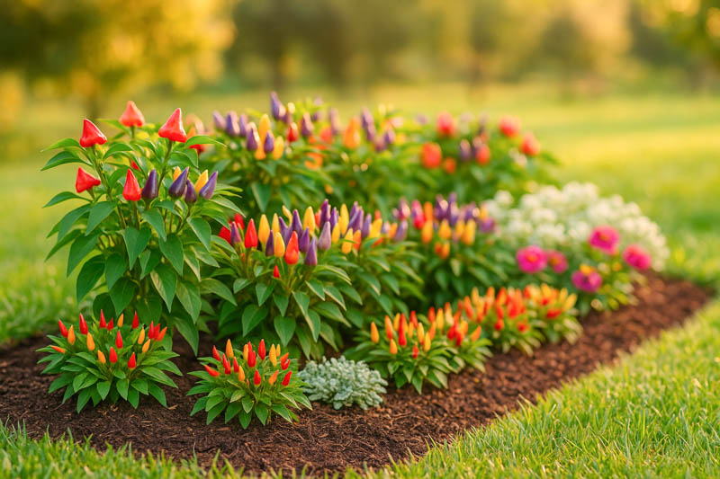 Chinese Five-Color + NuMex Twilight mid, golden hour)., mulched, Sunset alley border (Bishop’s Crown back row, Sweet Pickle/Chilly Chili front