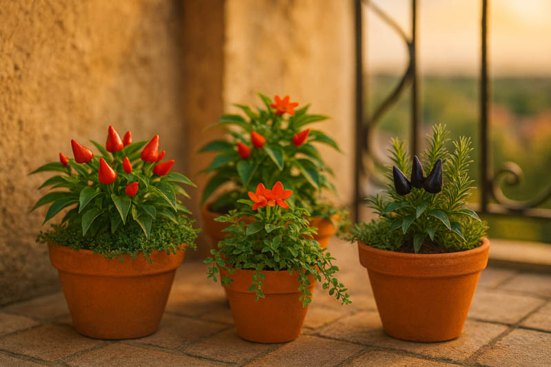 Biquinho Pepper, thyme, Cajun Belle Pepper, trailing oregano, Black Hungarian Pepper, dwarf rosemary