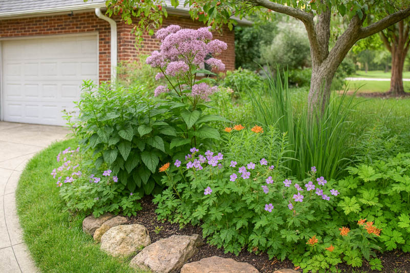 Native plant tree bed with Butterfly Weed, Wild Geranium, Sweet Joe Pye Weed