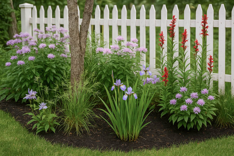 Shade garden with Cardinal Flower, Bottlebrush Grass, Northern Blue Flag Iris and Wild Bergamot