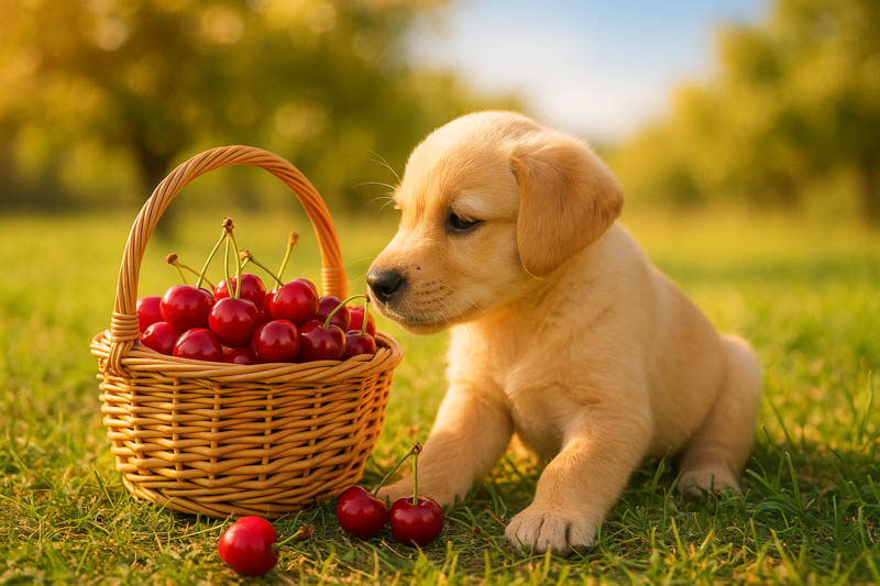 Can dogs eat cherries, dog and basket of cherries