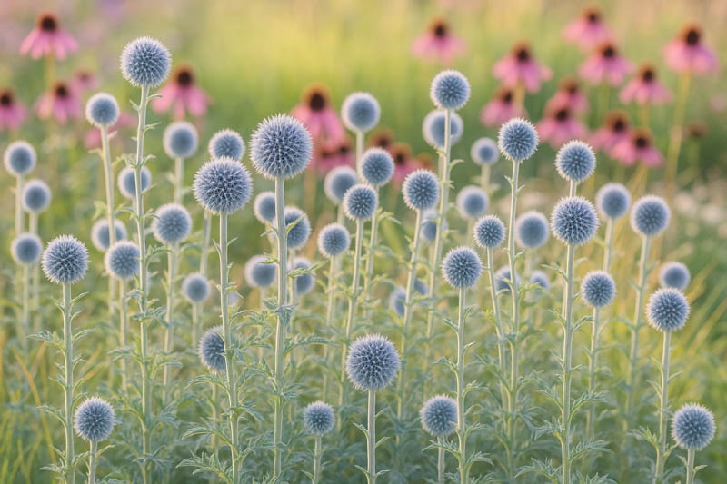 Globe thistle Veitch's Blue, Globe Thistle 'Veitch's Blue', Echinops bannaticus 'Veitch's Blue', Echinops 'Veitch's Blue', Echinops 'Veitch's Dwarf Blue', Blue perennials, drought tolerant plants, low maintenance plants, Veitch's blue echinops