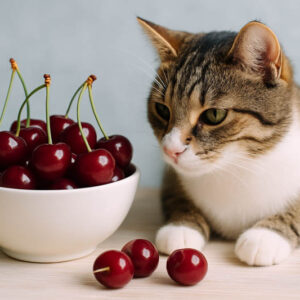 Can cats eat cherries, cat and a bowl of cherries