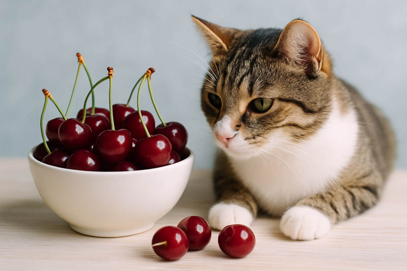 Can cats eat cherries, cat and a bowl of cherries