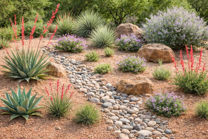 Desert Dry Creek Border with Agave & Texas Sage
