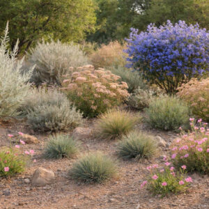 Native Garden, California Dry Garden, Salvia apiana, White sage,,Eriogonum fasciculatum, California buckwheat, Artemisia californica, California sagebrush, Festuca californica, California fescue,Ceanothus‘Concha’, Clarkia amoena, Farewell-to-spring