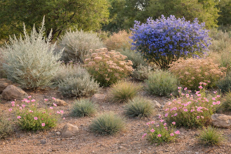 Native Garden, California Dry Garden, Salvia apiana, White sage,,Eriogonum fasciculatum, California buckwheat, Artemisia californica, California sagebrush, Festuca californica, California fescue,Ceanothus‘Concha’, Clarkia amoena, Farewell-to-spring