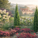 Thuja occidentalis Degroot's Spire, Cotinus coggygria 'Royal Purple', Carex comans 'Bronze-Leaved', Festuca glauca 'Blaufuchs', Geranium 'Rozanne', Hydrangea paniculata 'Limelight', Pennisetum orientale