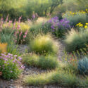 A colorful mix of heat-loving plants, Penstemon parryi, Hesperaloe parviflora, Red yucca, Salvia greggii, Autumn sage, Blue grama grass, Encelia farinosa, Brittlebush, Agave parryi – Parry’s agave