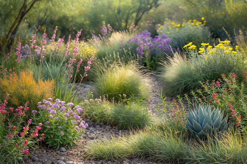 A colorful mix of heat-loving plants, Penstemon parryi, Hesperaloe parviflora, Red yucca, Salvia greggii, Autumn sage, Blue grama grass, Encelia farinosa, Brittlebush, Agave parryi – Parry’s agave
