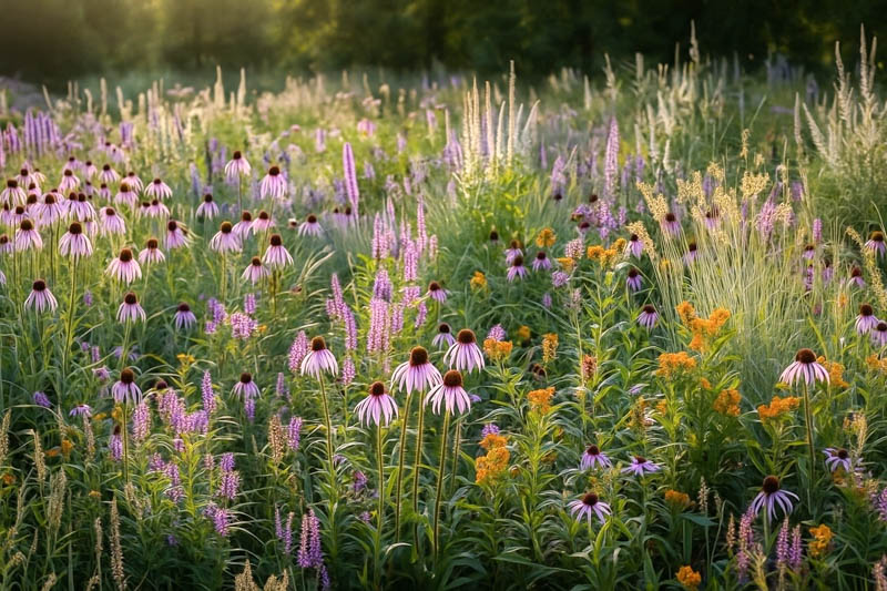 Native garden with echinacea pallida,Pale coneflower, Liatris pycnostachya,Prairie blazing star, Veronicastrum virginicum – Culver’s root, Schizachyrium scoparium, Little bluestem, Sporobolus heterolepis, Prairie dropseed, Asclepias tuberosa, Butterfly milkweed