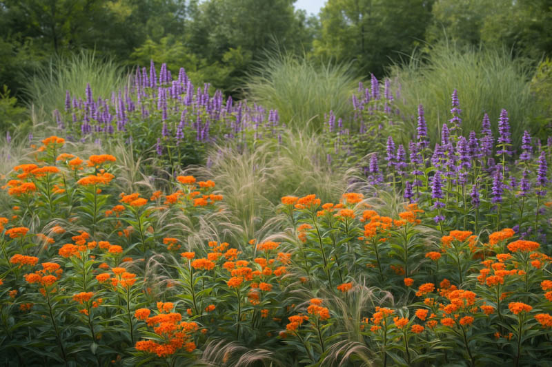Native garden, prairie garden, milkweed, asclepias, hyssop, agastache, stipa, switchgrass