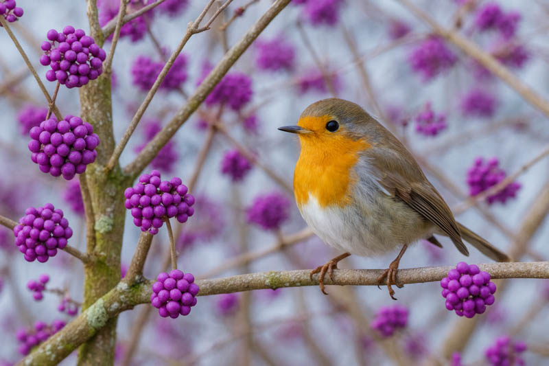 american robin perched on an American beautyberry branch