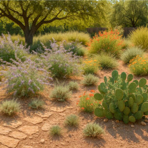 Drought tolerant plants in Texas Garden, Xericascape in Texas with agave, prckly pear cactus, Texas sage, Globemallow, Flame acanthus