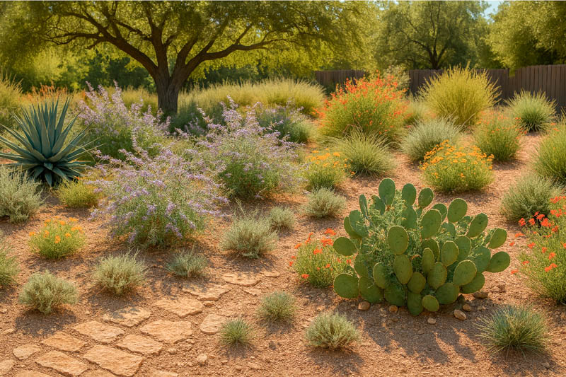 Drought tolerant plants in Texas Garden, Xericascape in Texas with agave, prckly pear cactus, Texas sage, Globemallow, Flame acanthus