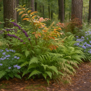 acidic to neutral soil Shrub garden with American beautyberry (Callicarpa americana) , River oats (Chasmanthium latifolium), Virginia sweetspire (Itea virginica), Christmas fern (Polystichum acrostichoides), Woodland phlox (Phlox divaricata)