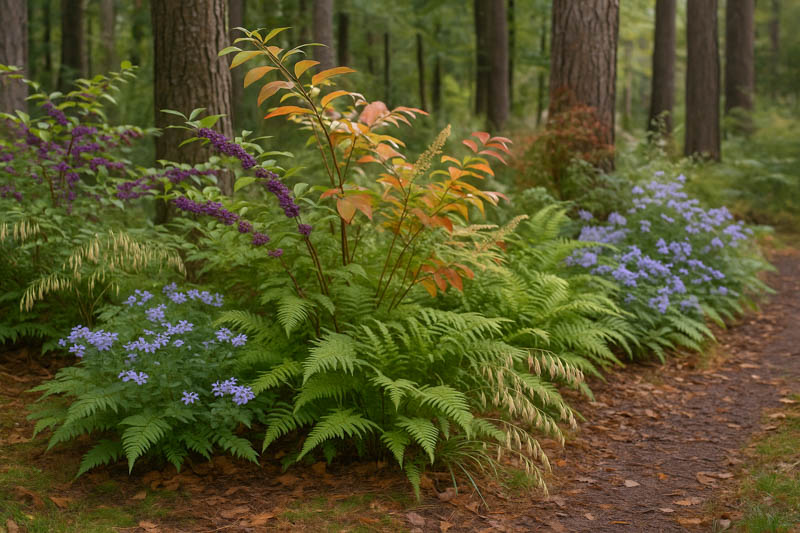 acidic to neutral soil Shrub garden with American beautyberry (Callicarpa americana) , River oats (Chasmanthium latifolium), Virginia sweetspire (Itea virginica), Christmas fern (Polystichum acrostichoides), Woodland phlox (Phlox divaricata)
