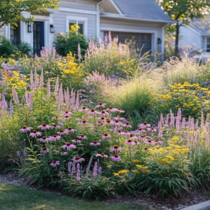 Native prairie for front-yard, Echinacea purpurea mingle with Veronicastrum, goldenrod, and switchgrass.