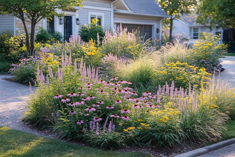 Native prairie for front-yard, Echinacea purpurea mingle with Veronicastrum, goldenrod, and switchgrass.