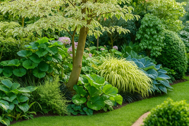 Shade border with Hosta, Bergenia, Cornus controversa 'Variegata', Hakone grass, mondo grass