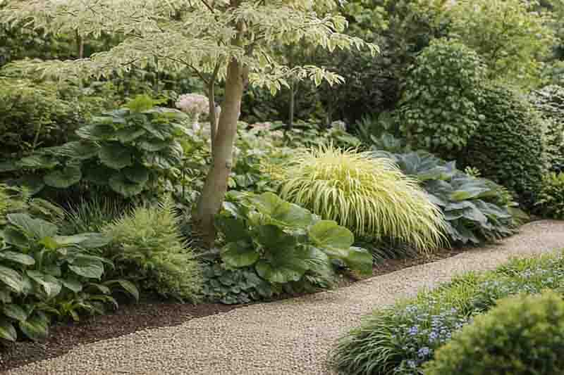 Shade border with Hosta, Bergenia, Cornus controversa 'Variegata', Hakone grass, mondo grass