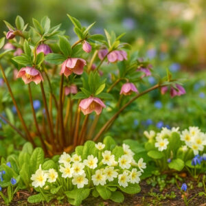 Hellebore, Primrose, Siberian Squill, Helleborus x hybridus, Primula vulgaris and Scilla sibirica
