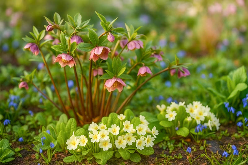 Hellebore, Primrose, Siberian Squill, Helleborus x hybridus, Primula vulgaris and Scilla sibirica