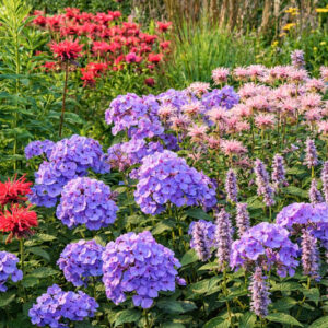 Summer Pollinator Border with Bee Balm, Garden Phlox, and Anise Hyssop, Monarda, Phlox paniculata, Agastache