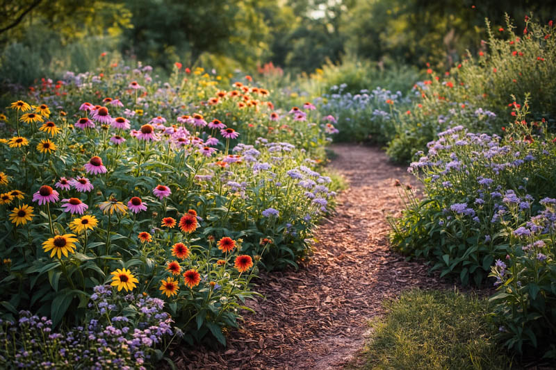 A vibrant wildflower border with coneflower, Indian blanket, mistflower, and autumn sage. Easy, drought-tolerant, and full of pollinators.