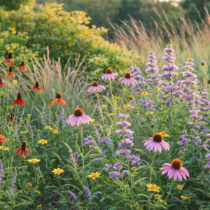 Texas prairie garden using Monarda, Mexican hat, blue sage, coneflowers, Engelmann daisy, Little Bluestem, and fragrant sumac.