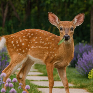Deer eating in a flower garden