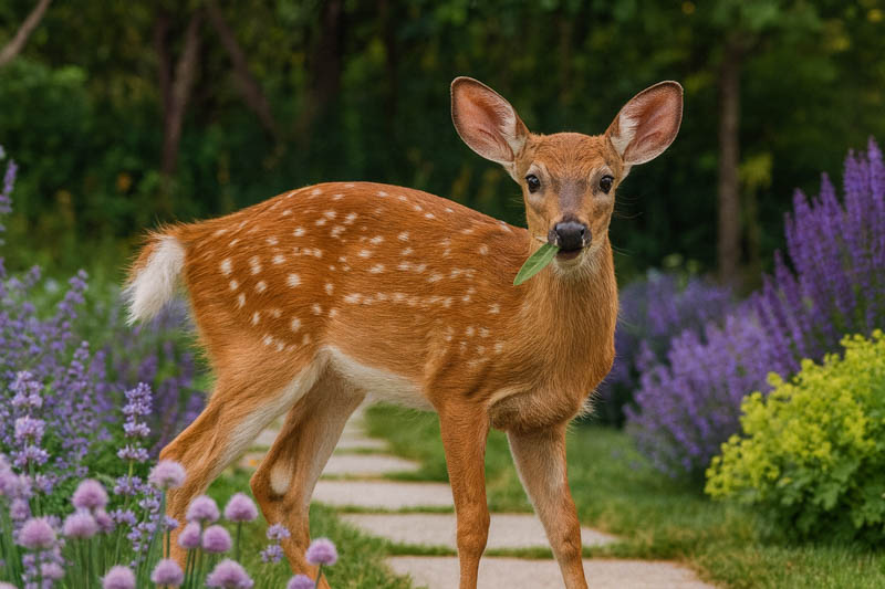 Deer eating in a flower garden
