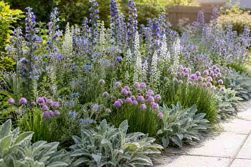 Echium plantagineum Stachys byzantina Veronica gentianoides, chives and Borago