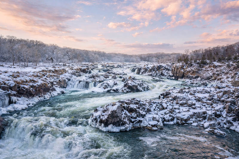 Great Falls of the Potomac River from Olmsted Island in winter. Maryland