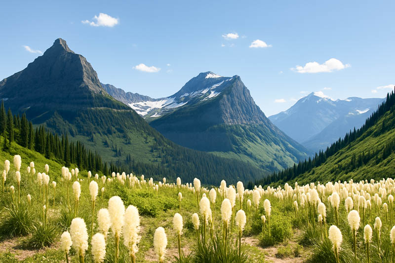 Rocky Mountain Range of Glacier National Park in Montana. Beargrass in bloom
