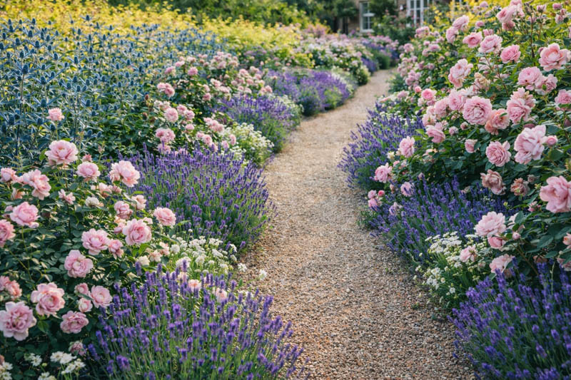 Rosa Felicia, Eryngium Big Blue, Lavandula Lavenite Petite, Cornus alba 'Aurea3
