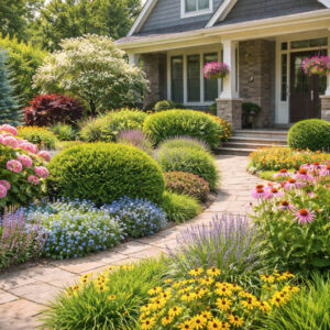 The image features a classic Zone 6-friendly front yard landscape with hydrangea, coneflower, black-eyed Susan, salvia or lavender, creeping phlox, boxwood, blue spruce, flowering dogwood or viburnum, Japanese maple, and ornamental grasses. These plants create a vibrant, layered, and seasonally rich garden.