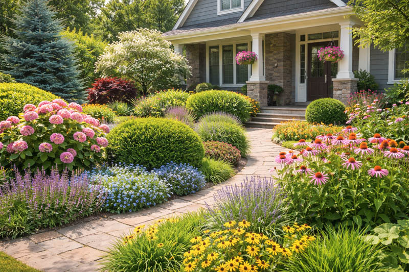 The image features a classic Zone 6-friendly front yard landscape with hydrangea, coneflower, black-eyed Susan, salvia or lavender, creeping phlox, boxwood, blue spruce, flowering dogwood or viburnum, Japanese maple, and ornamental grasses. These plants create a vibrant, layered, and seasonally rich garden.